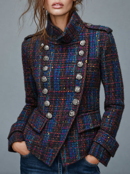 Retro Tweed Military Style Double-Breasted Coat with Metal Buttons