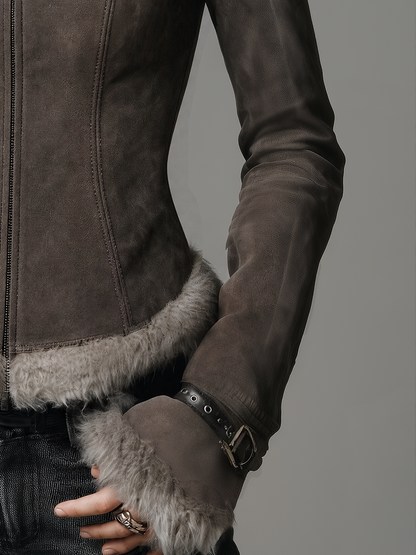 Vintage Taupe Faux Fur Trim Buckle Suede Jacket
