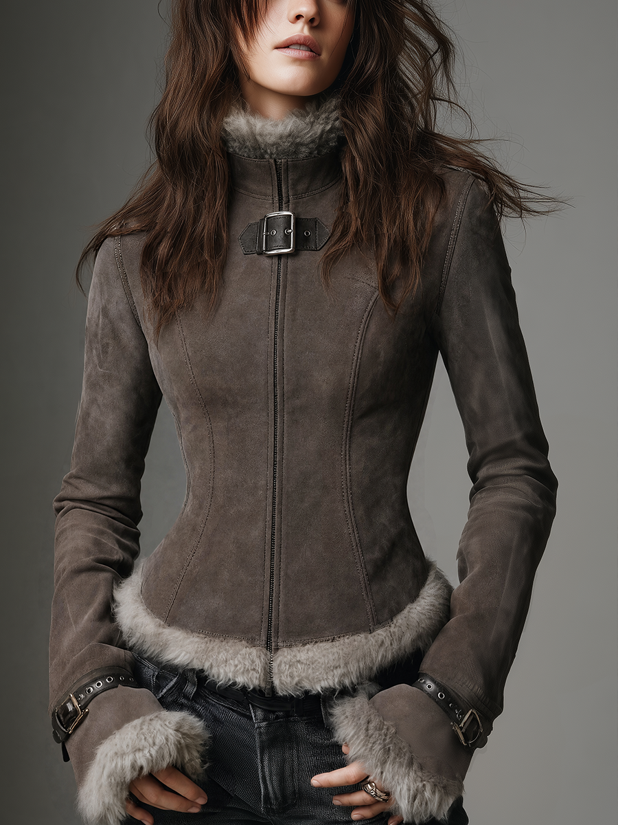 Vintage Taupe Faux Fur Trim Buckle Suede Jacket