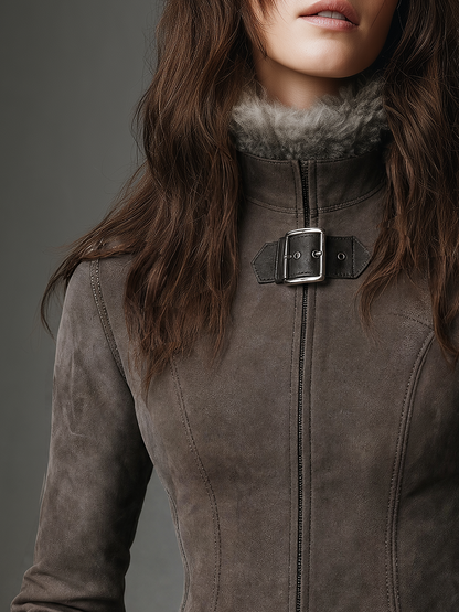 Vintage Taupe Faux Fur Trim Buckle Suede Jacket