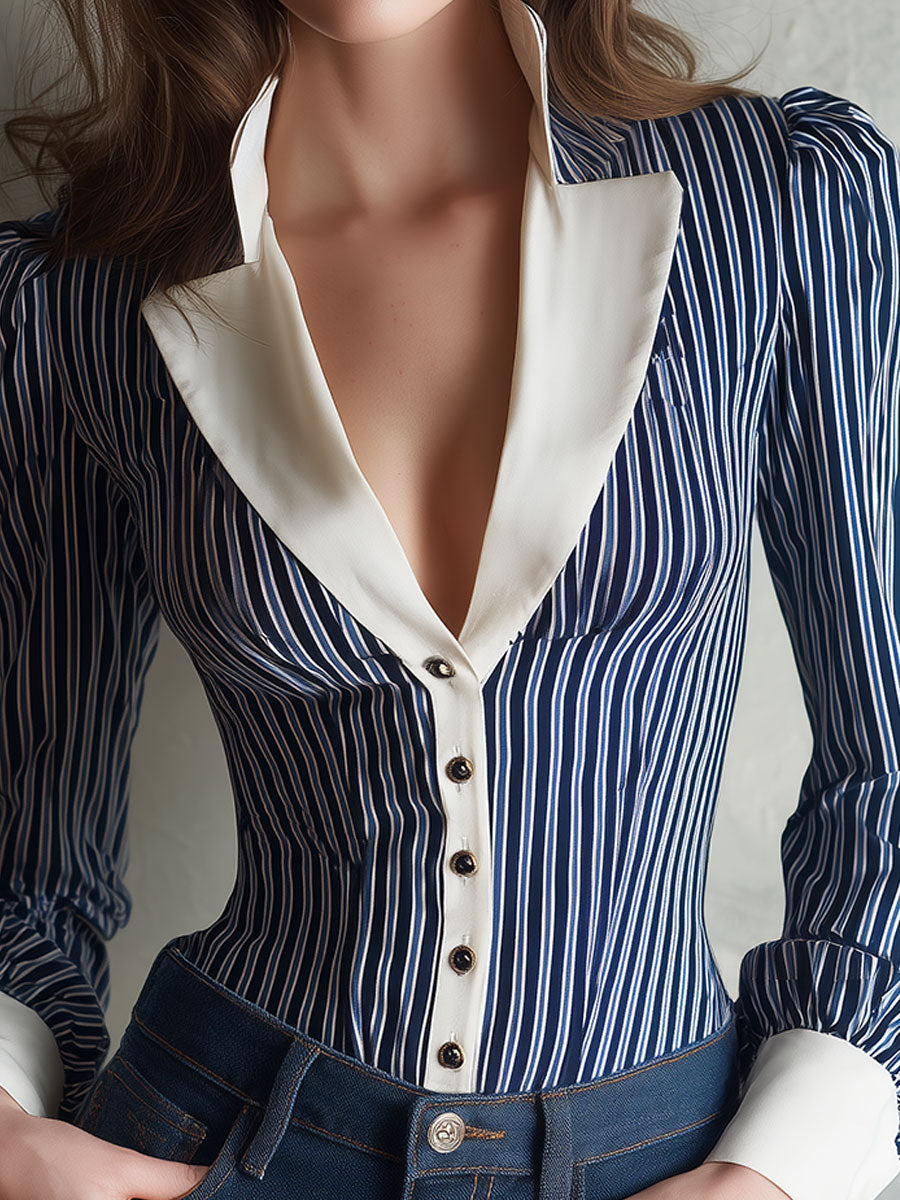 Elegant Striped Satin Slim-fit Blouse With A Contrasting Collar