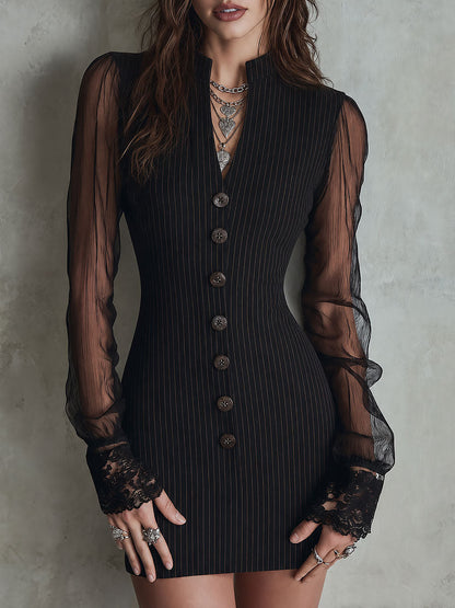 Retro Pinstripe Sheer Mesh Sleeve Button-Up Mini Dress With Lace Cuff