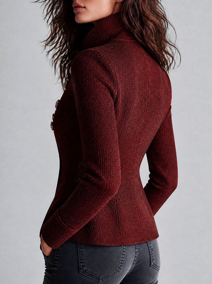 Retro Ribbed Knit Double-Breasted Military Cardigan With Gold Buttons