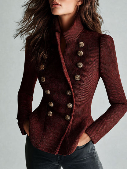 Retro Ribbed Knit Double-Breasted Military Cardigan With Gold Buttons
