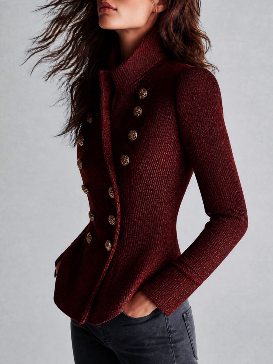 Retro Ribbed Knit Double-Breasted Military Cardigan With Gold Buttons