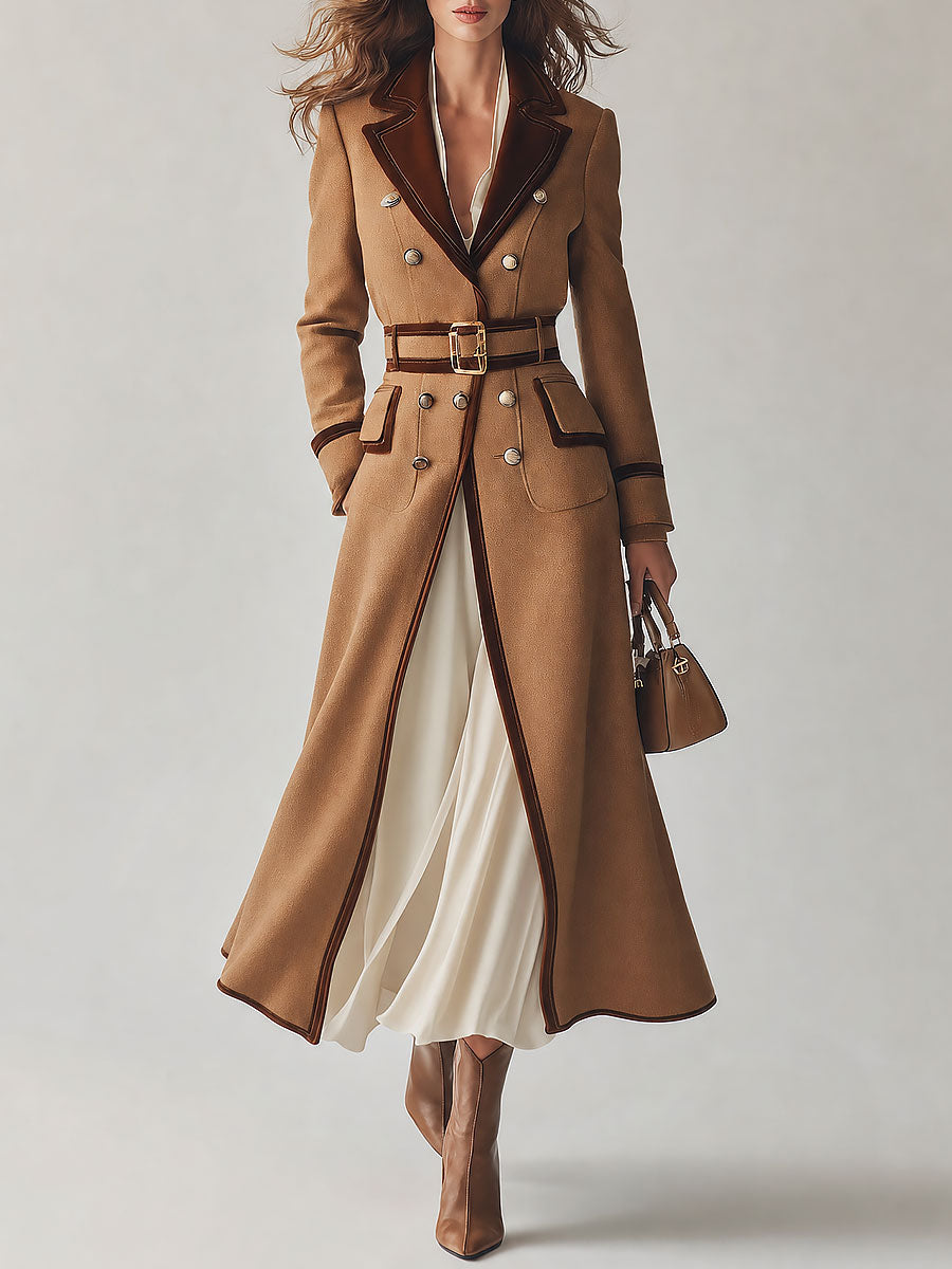 Elegant Double-Breasted Belted Wool Coat With Velvet Trim