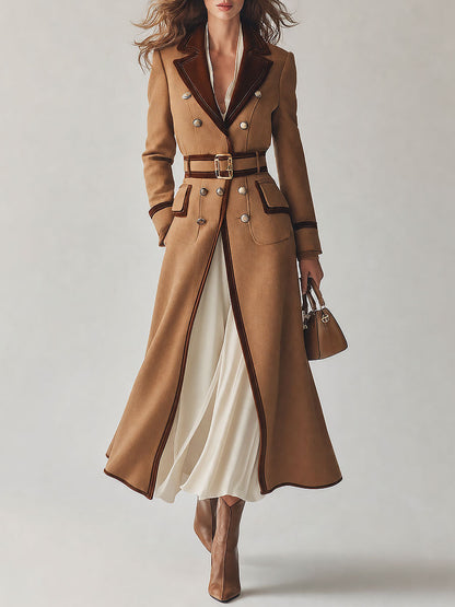 Elegant Double-Breasted Belted Wool Coat With Velvet Trim