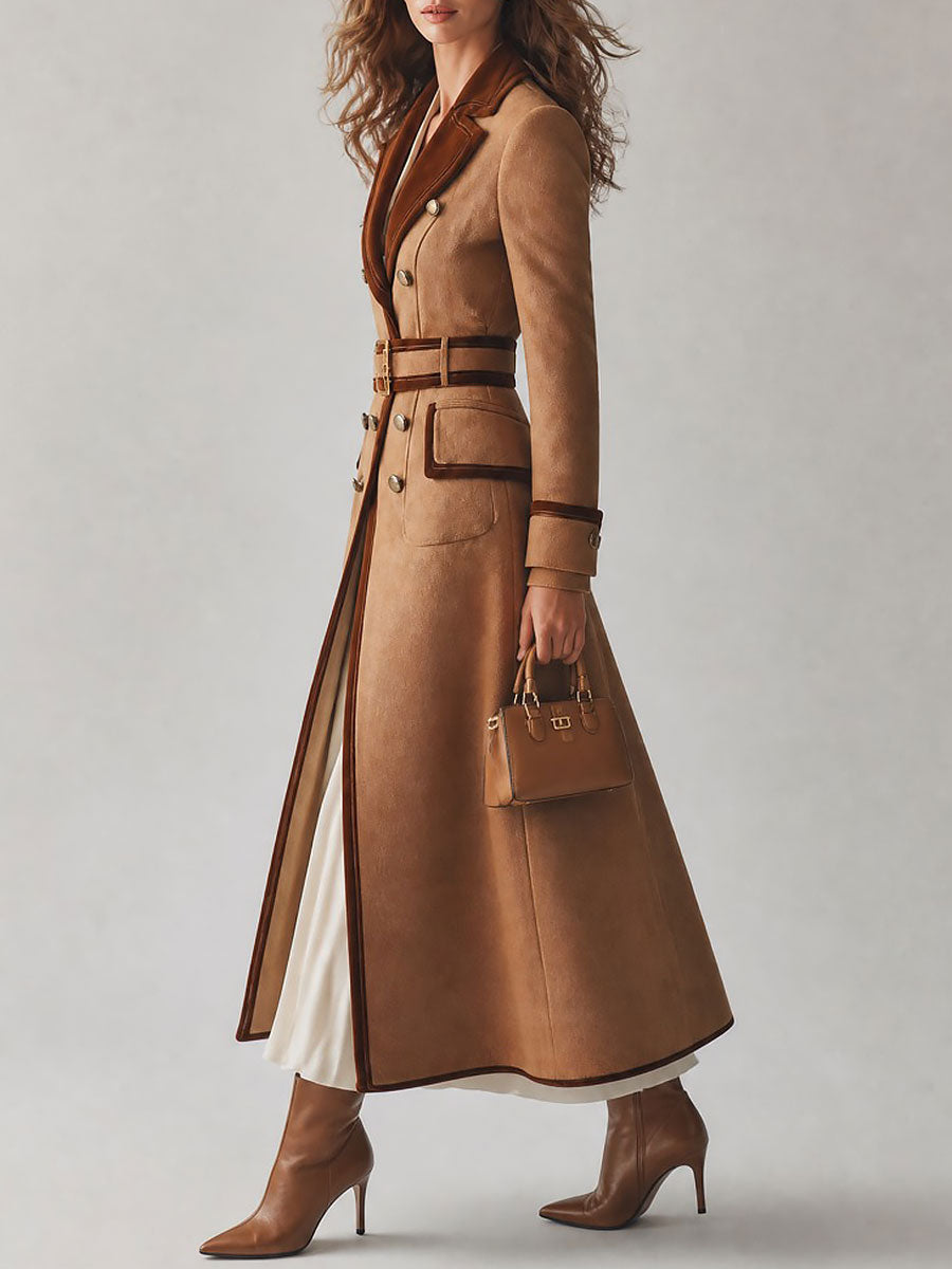 Elegant Double-Breasted Belted Wool Coat With Velvet Trim