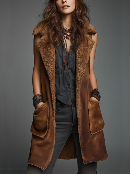 Vintage Cognac Faux Shearling Longline Vest