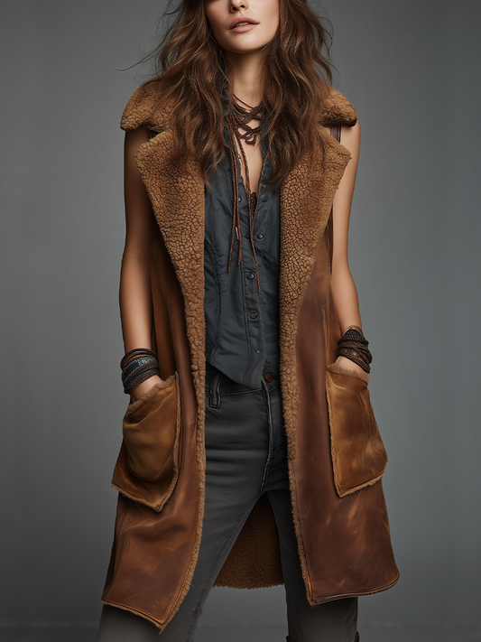 Vintage Cognac Faux Shearling Longline Vest