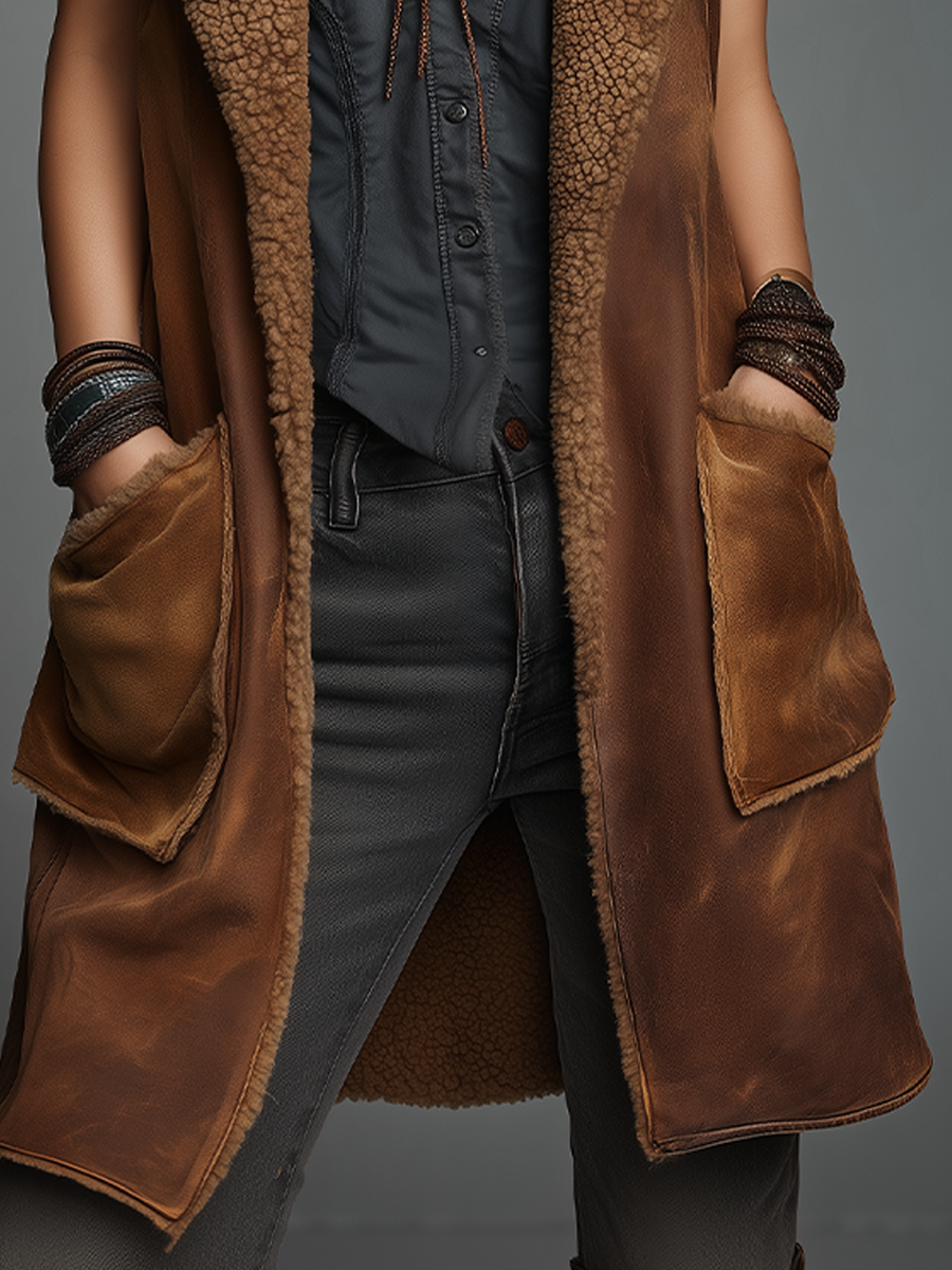 Vintage Cognac Faux Shearling Longline Vest