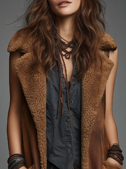 Vintage Cognac Faux Shearling Longline Vest