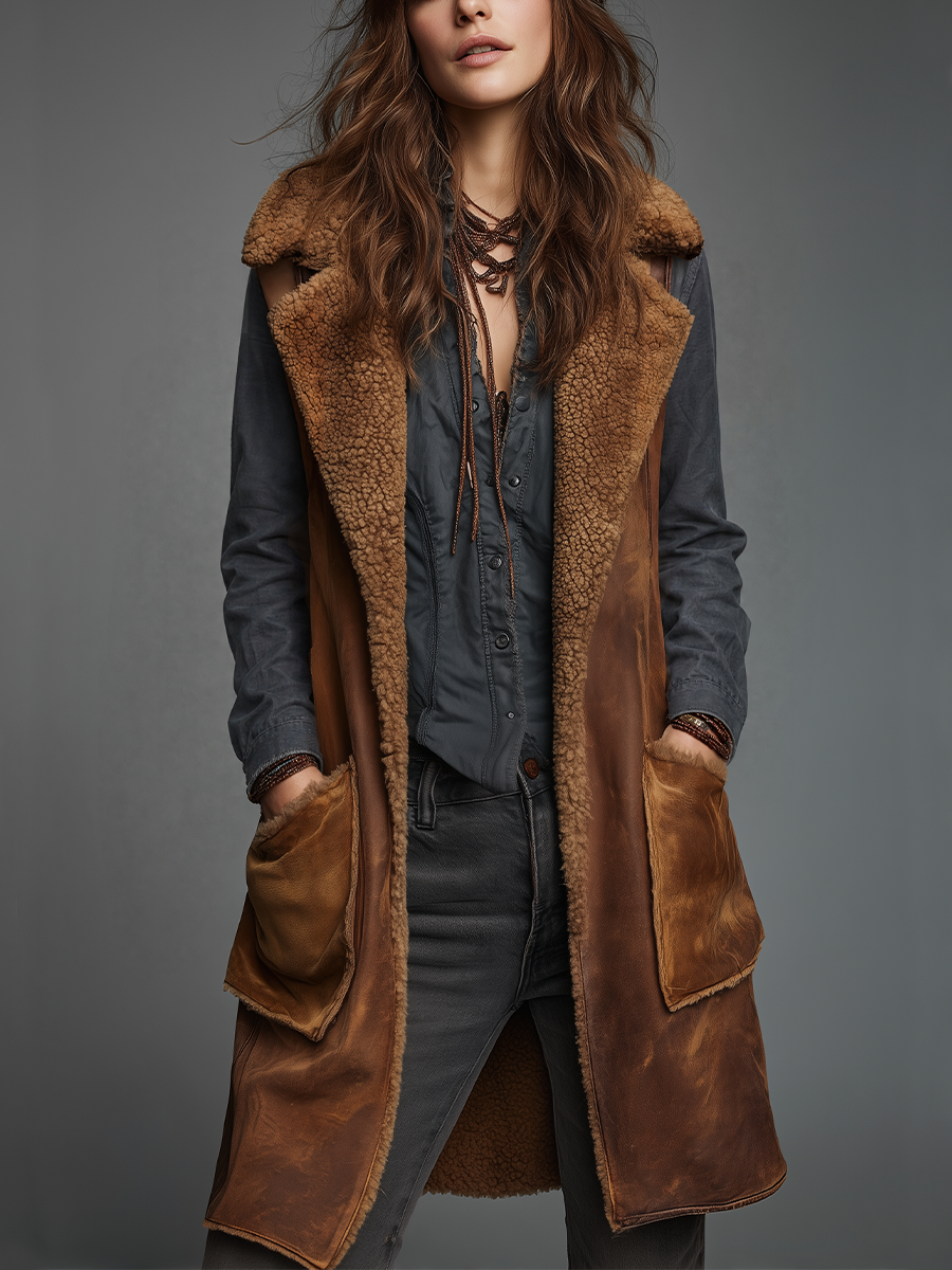 Vintage Cognac Faux Shearling Longline Vest