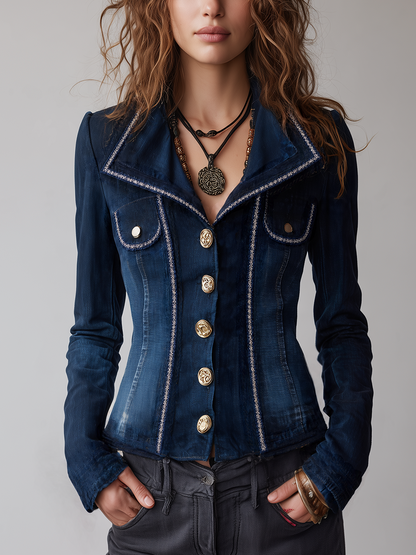 Refined Indigo Contrast Trim Gold Button Denim Jacket