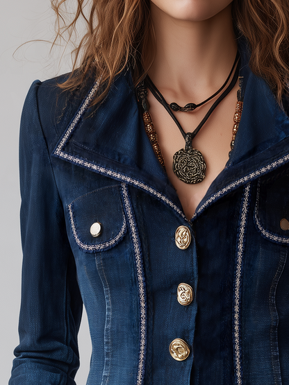 Refined Indigo Contrast Trim Gold Button Denim Jacket