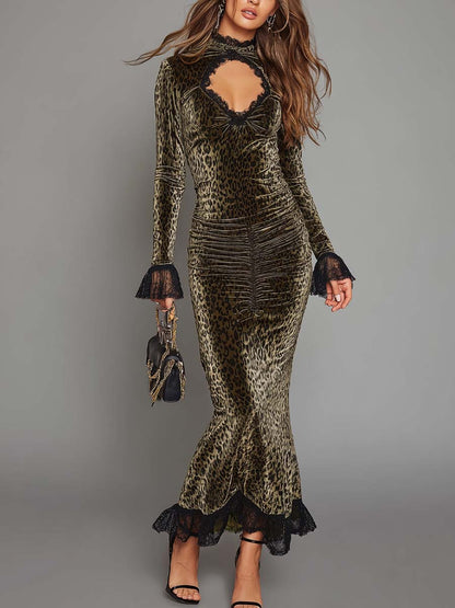 Vintage-style Leopard Print Polyester Velvet Evening Maxi Dress
