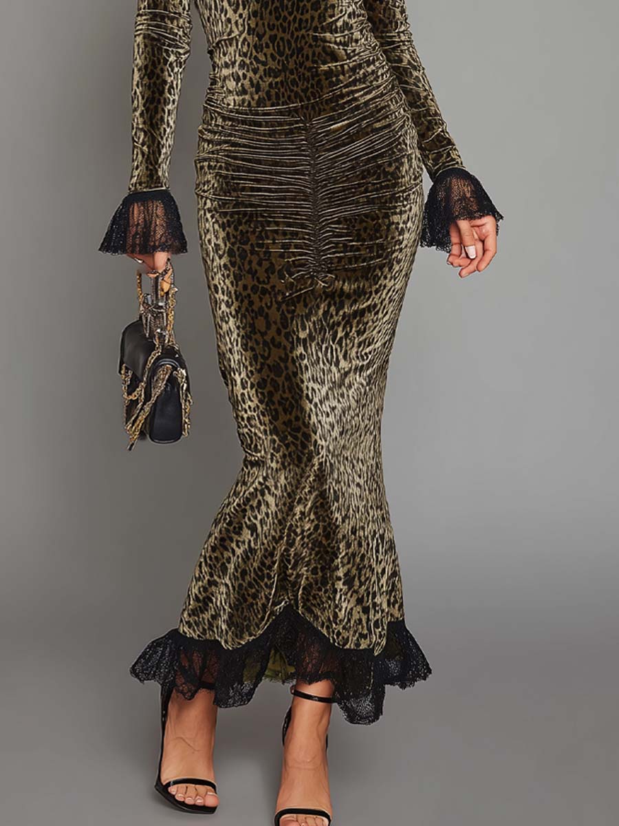 Vintage-style Leopard Print Polyester Velvet Evening Maxi Dress