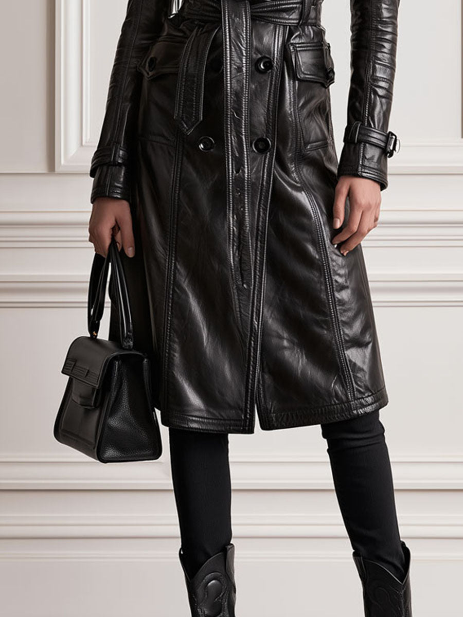 Quiet Luxury Lapel Shoulder Strap Faxu Leather Trench Coat With Belted