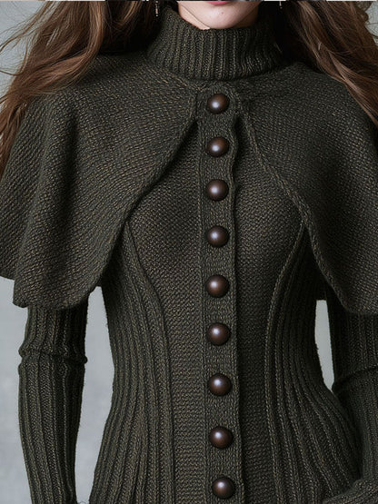 Victorian Stand Collar Ribbed Knit Sweater With Capelet