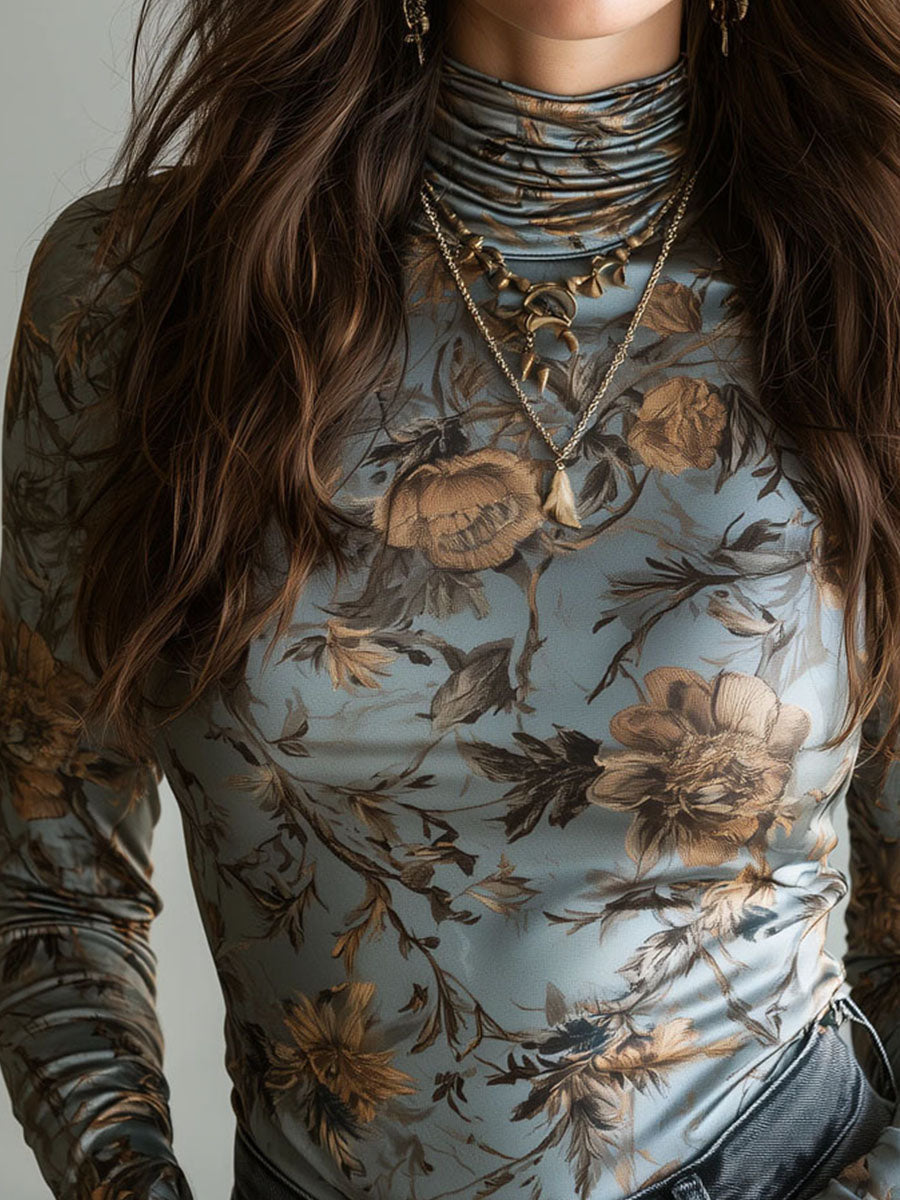 Vintage Dusty Blue Floral Turtleneck Base Top