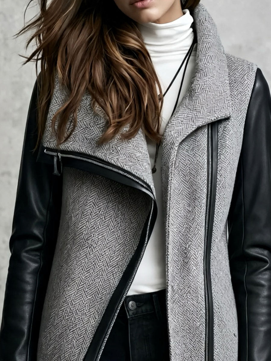 Grey Herringbone Wool Asymmetric Zipper Coat With Black Faux Leather Sleeves