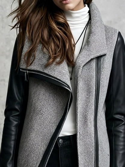 Grey Herringbone Wool Asymmetric Zipper Coat With Black Faux Leather Sleeves