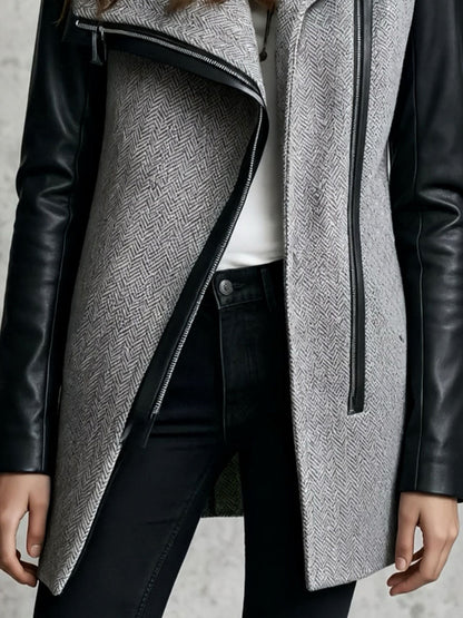 Grey Herringbone Wool Asymmetric Zipper Coat With Black Faux Leather Sleeves