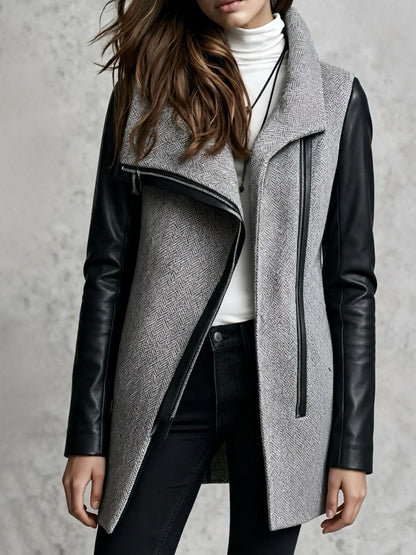 Grey Herringbone Wool Asymmetric Zipper Coat With Black Faux Leather Sleeves
