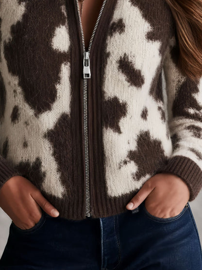 Retro Fuzzy Mohair Cow Pattern Zip Cardigan