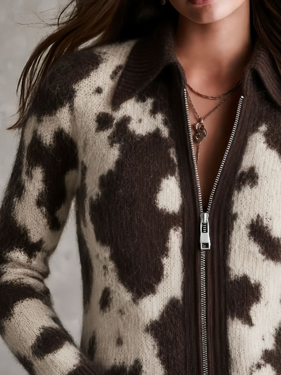 Retro Fuzzy Mohair Cow Pattern Zip Cardigan