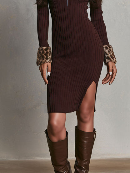 Western Retro Leopard Fur Trim Knit Bodycon Dress With Side Slit