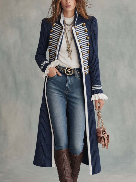 Vintage Military-style Decorative-button Knit Midi Coat