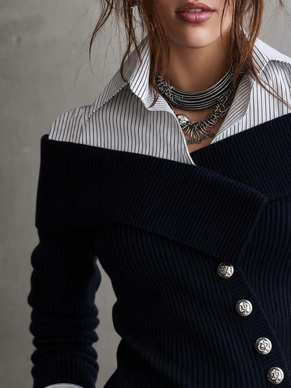 Asymmetric Placket Faux-layered Knit Blouse