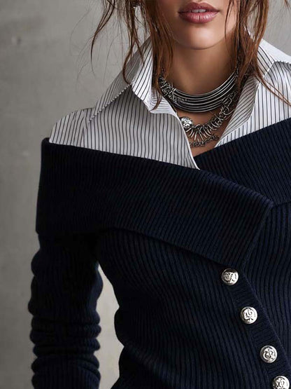 Asymmetric Placket Faux-layered Knit Blouse