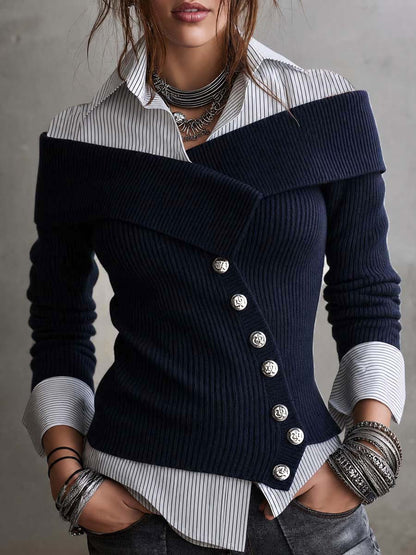 Asymmetric Placket Faux-layered Knit Blouse