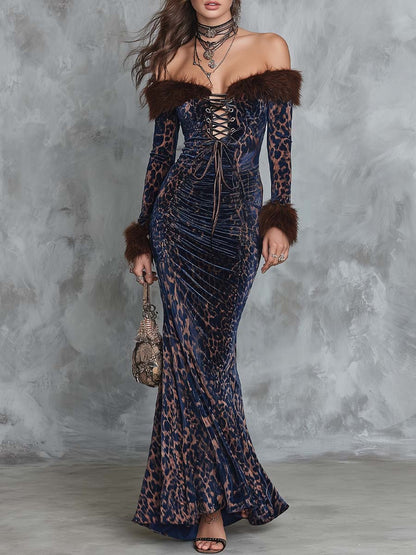 Faux Fur Collar Leopard-print Polyester Velvet Evening Fishtail Maxi Dress