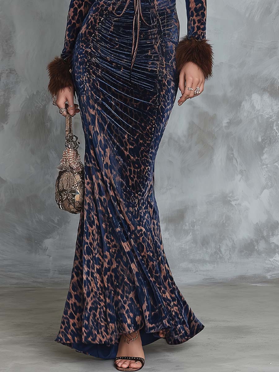 Faux Fur Collar Leopard-print Polyester Velvet Evening Fishtail Maxi Dress