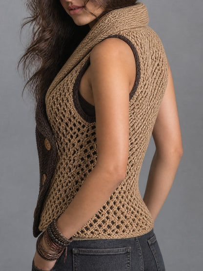 Shawl Collar Two-Tone Chunky Knit Sleeveless Vest