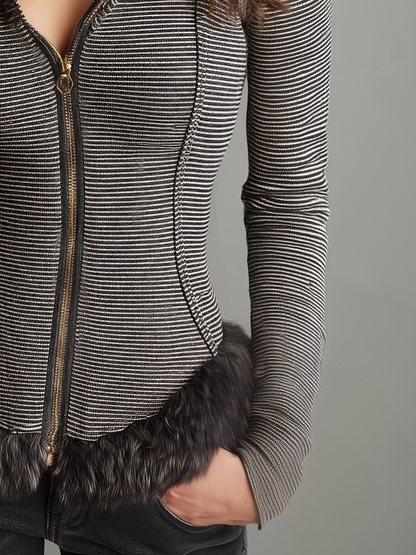 Vintage Charcoal Striped Faux Fur Trim Zip Jacket