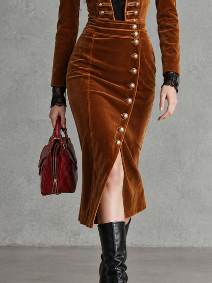 Military-style Lace-panel Polyester Velvet Midi Dress