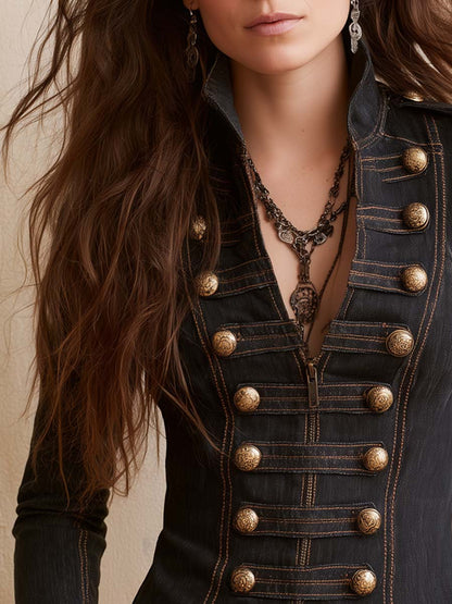 Military-style Contrast Stitching Denim Blouse