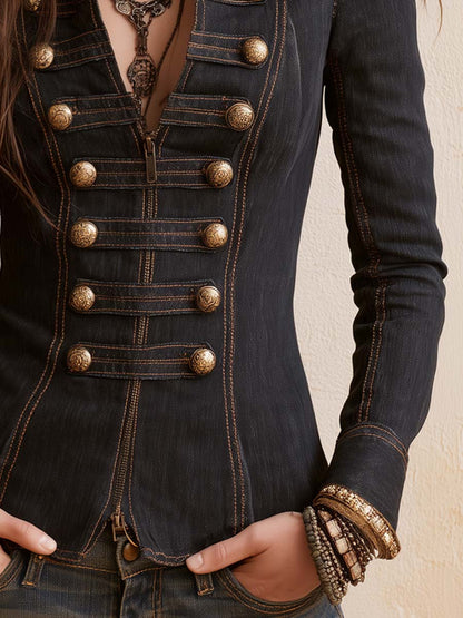 Military-style Contrast Stitching Denim Blouse