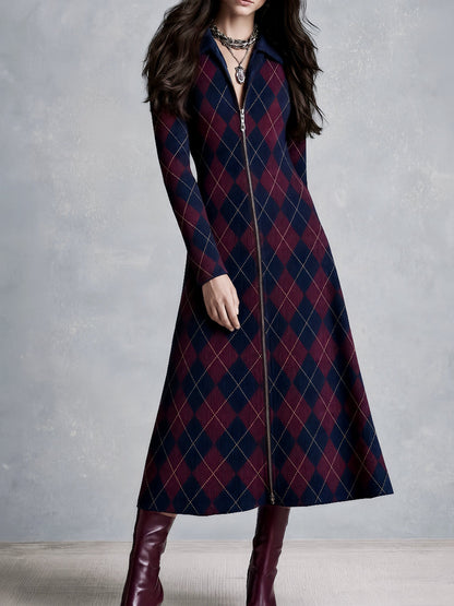 Vintage Navy Burgundy Argyle Knit Full Zip Midi Dress