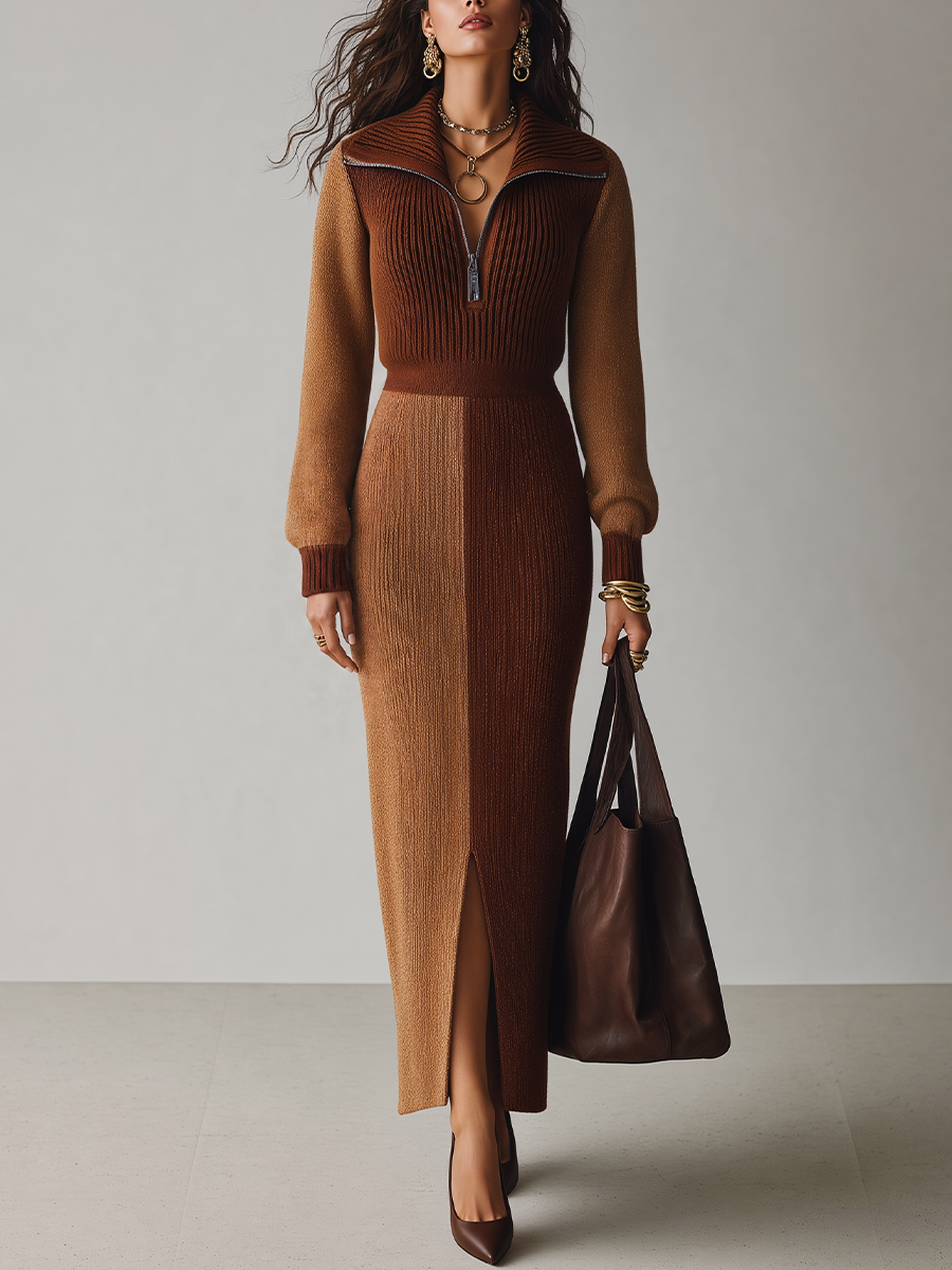 Retro Camel Brown Colorblock Half Zip Knit Maxi Dress