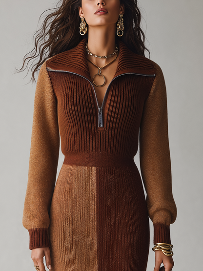 Retro Camel Brown Colorblock Half Zip Knit Maxi Dress