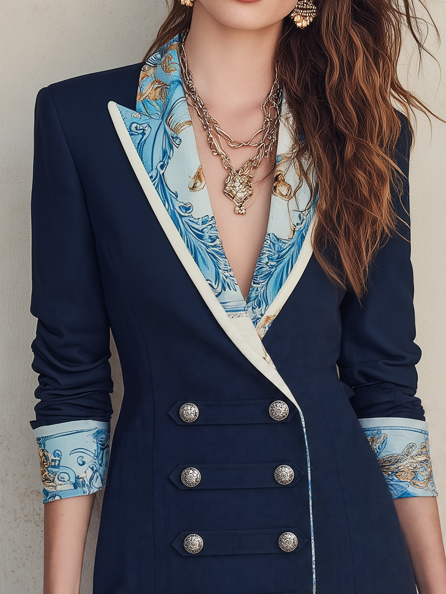 Refined Navy Printed Lapel Double Breasted Blazer Dress