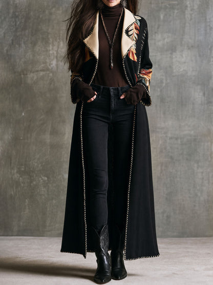 Vintage Boho Black Microsuede Floral Lapel Long Duster Jacket