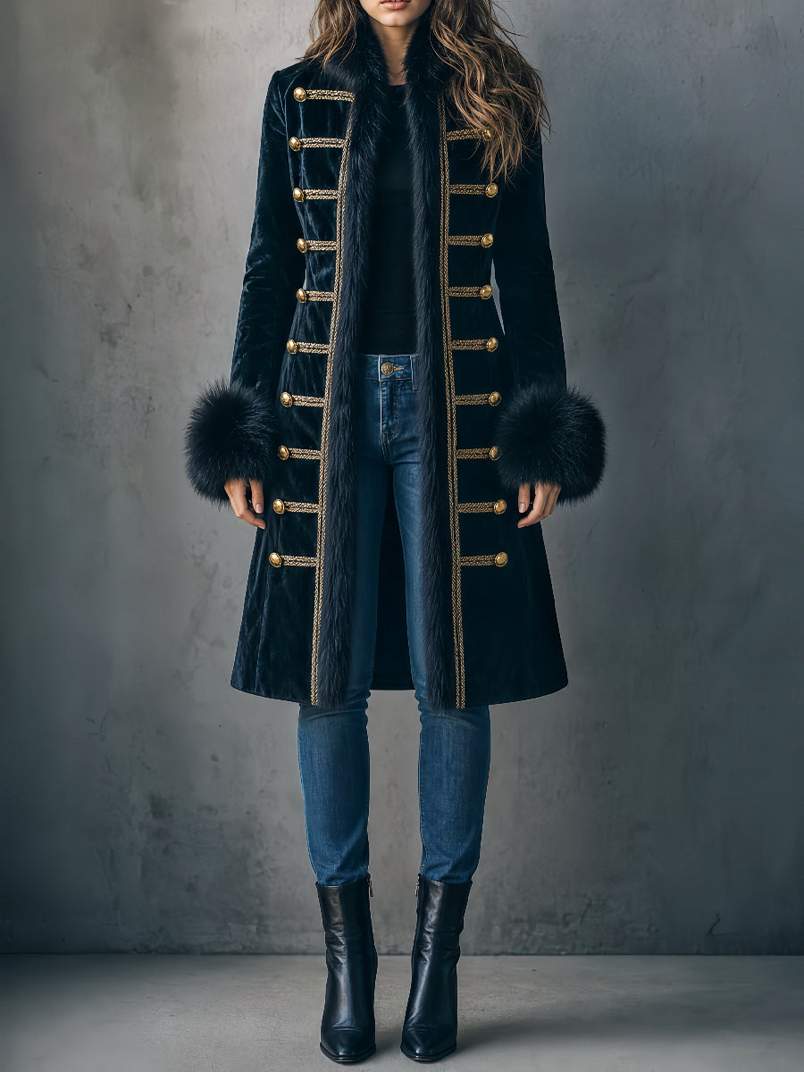 Retro Faux Fur Trim Double-Breasted Velvet Long Peacoat