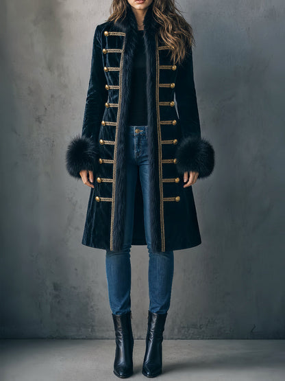 Retro Faux Fur Trim Double-Breasted Velvet Long Peacoat