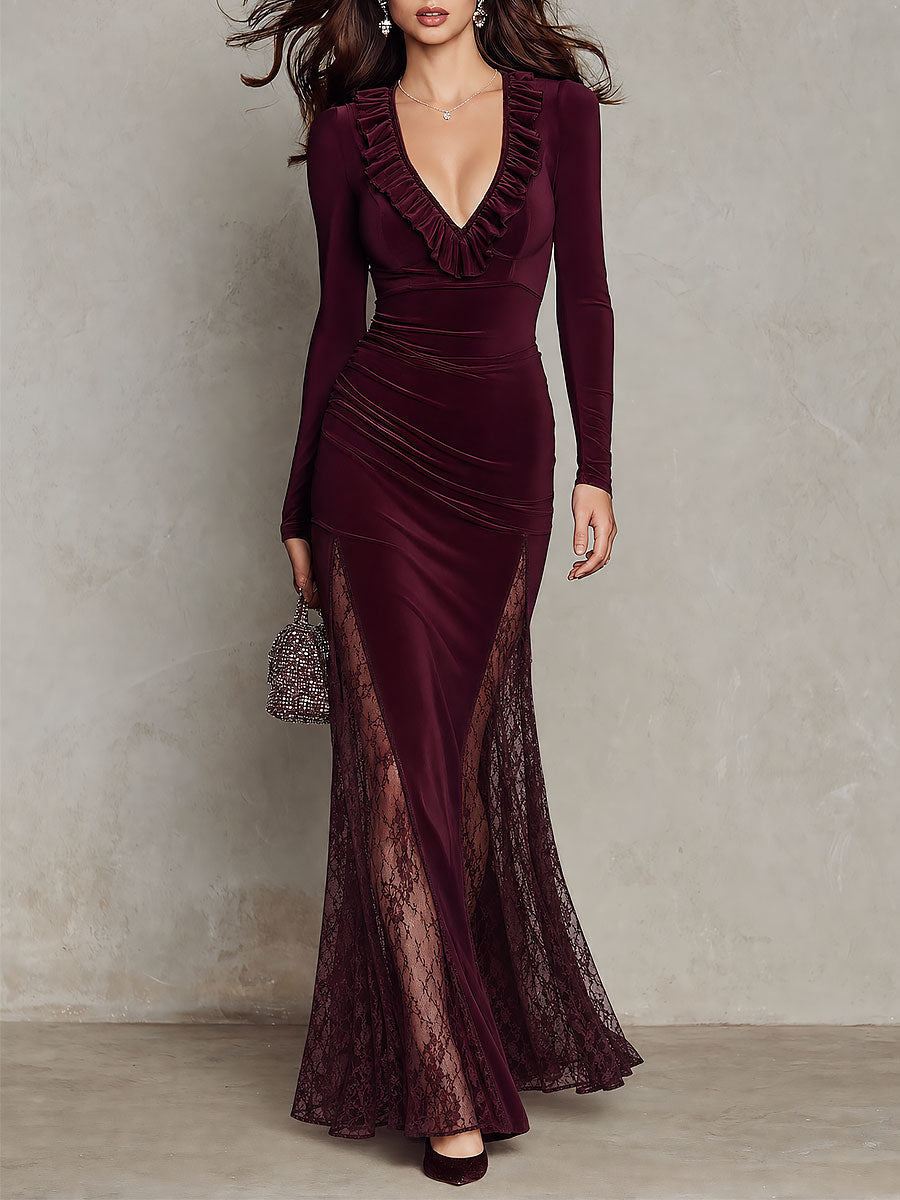 Elegant Ruffle V-Neck Long Sleeve Lace Panel Velvet Maxi Dress
